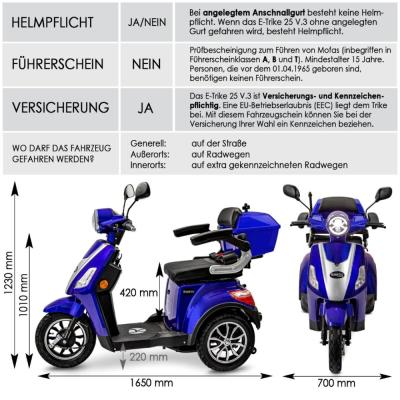 Rolektro, E-Trike 25 V.3 Lithium, Blau, 60-30AH Akku, 1000 Watt Produktbild 1